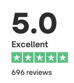 A 5-star rating for Drive Car Hire on TrustPilot. The review platform reads "Excellent" with 5 green stars and 696 reviews.